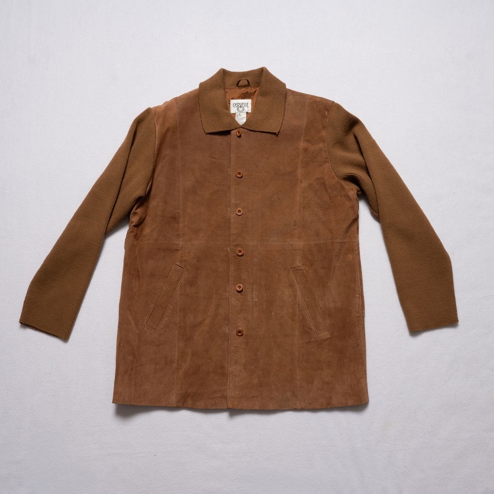 Vintage Brown Suede Field Jacket with knit collar and sleeves, Men’s M, EUC, 80s